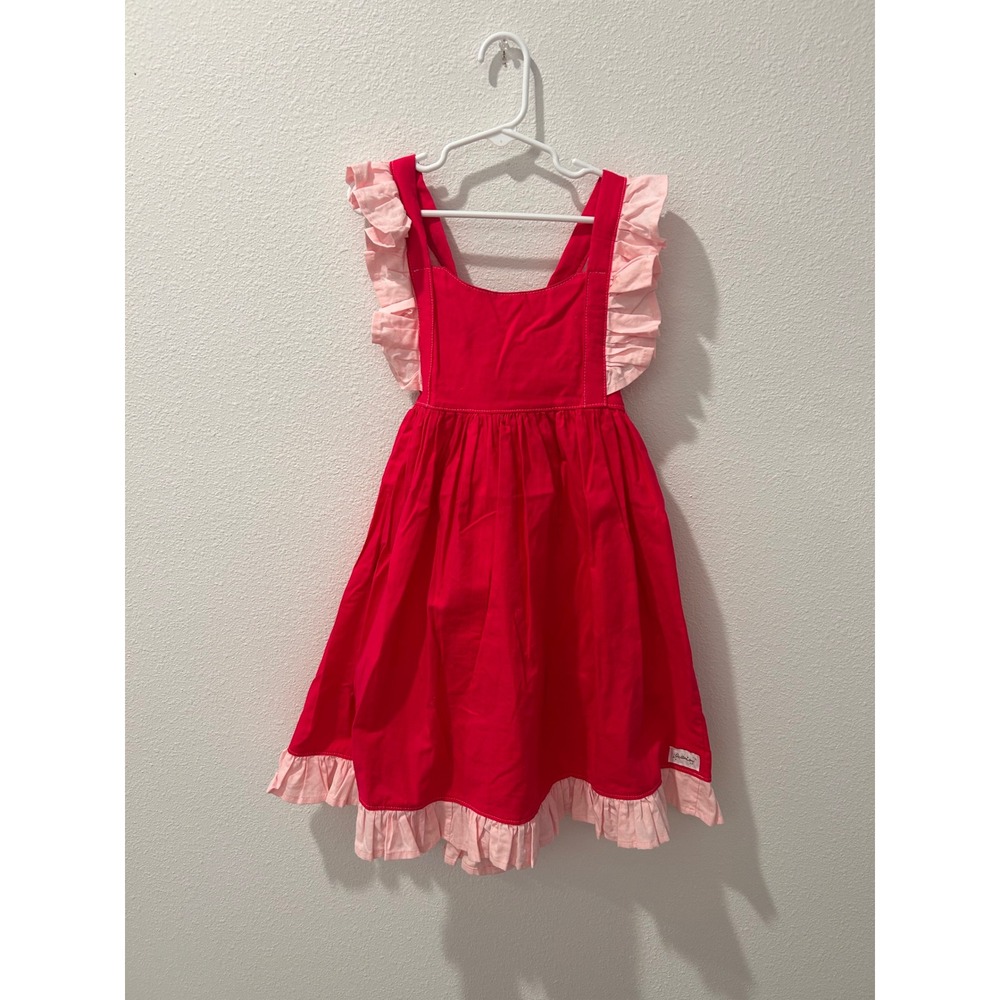 AuttaLou Girls Pink Ruffle Pinafore Dress Size 7/8 Tie Back Cotton